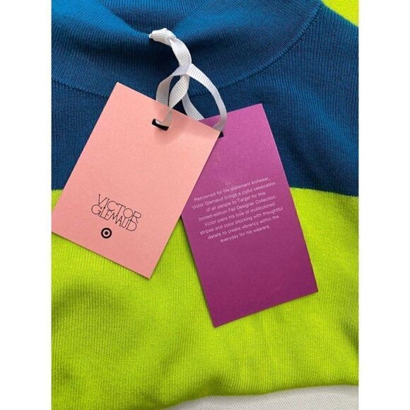 Victor Glemaud Sweater Top Womens SMALL Teal Lime Green Striped Mock Relaxed NEW - Picture 7 of 10